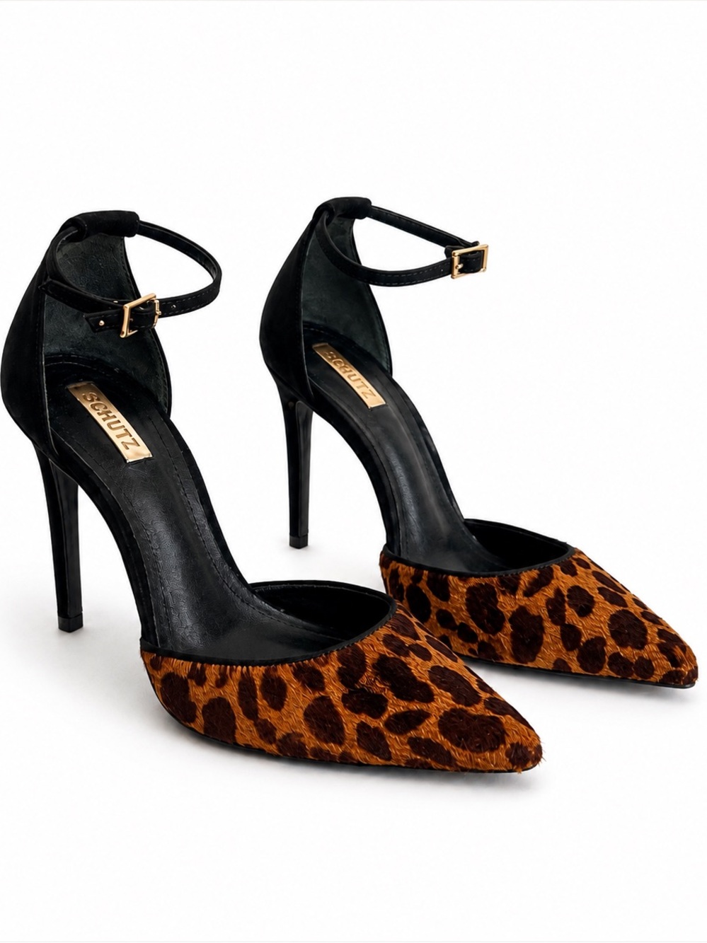 Schutz Leopard Print Pointed Toe Ankle Strap Pumps – Women’s 7